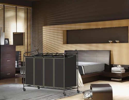 Vista 4 de Simple Houseware - Carrito rodante clasificador de ropa sucia con 4 bolsas, color marrón