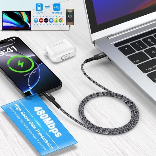 Vista 5 de Cable de carga USB C súper rápido para Samsung S26 de 240 W, cable de carga tipo C a tipo C, cable de 6 pies, paquete de 2 para Samsung Galaxy S26