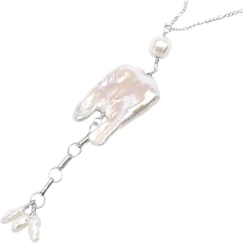 Vista 2 de Large White Notched Rectangle Cultured Freshwater Pearl Chain Necklace Sterling Silver Gold-filled