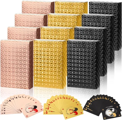Vista 7 de Zubebe Paquete de 12 cartas de juego impermeables de plástico, baraja de cartas de póquer de diamante, lavable, flexible, para regalos de fiesta
