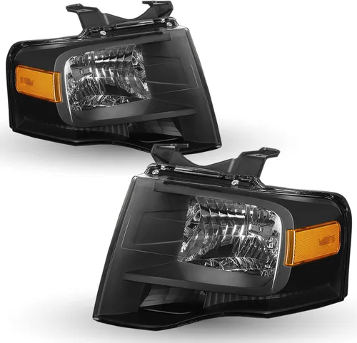 Vista 8 de Juego de conjunto de faros con bombillas para Ford Expedition 2007-2014, lado del conductor y del pasajero (carcasa negra con reflector ámbar)