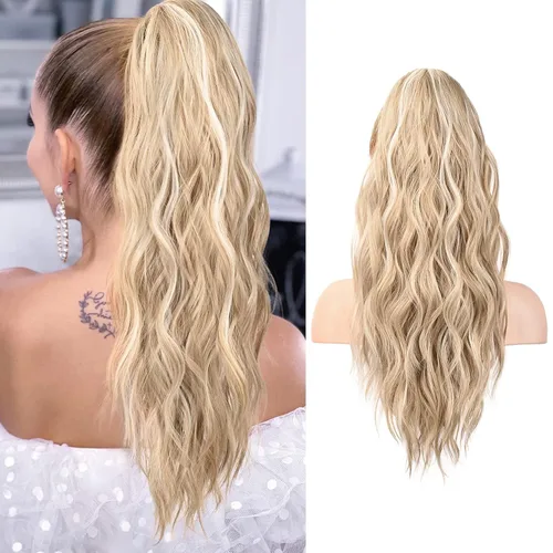 Vista 31 de FLUFYMOOZ Extensión de cola de caballo de 22 pulgadas, extensiones de cabello sintético ondulado largo y rizado para mujer