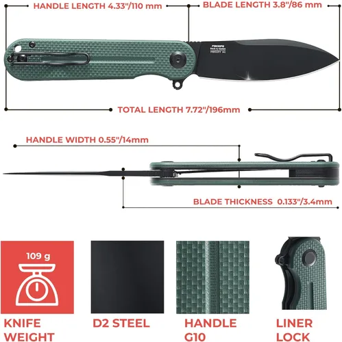 Vista 54 de Firebird Ganzo FH922PT-BK EDC Navaja de bolsillo plegable con filo de navaja, acero inoxidable D2, hoja negra, mango G10 con clip, cuchillo