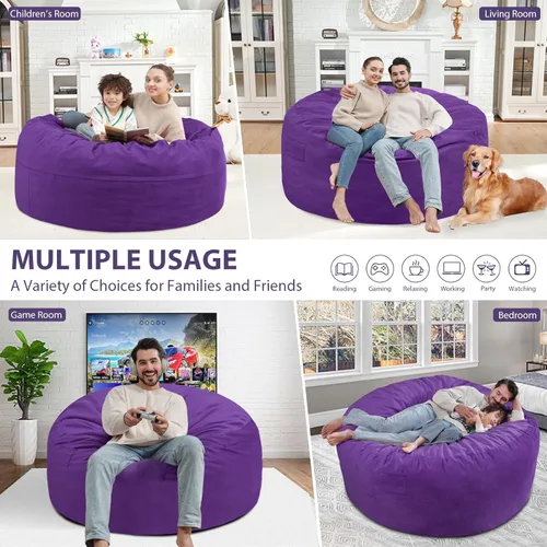 Vista 223 de Puf de 5 pies, puf grande con relleno de espuma viscoelástica, sofá puff esponjoso con funda de terciopelo holandés, puf redondo para sala de estar