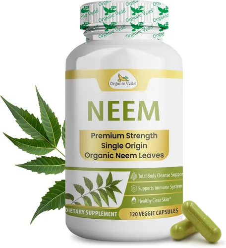 Organic Veda Cápsulas de Neem, suplemento a base de hierbas sin OMG fabricado con hoja de neem orgánica pura para una piel sana y clara y el sistema