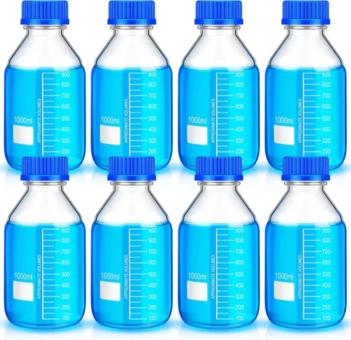 Vista 9 de Irenare Botellas de almacenamiento de medios de vidrio de borosilicato científico redondo graduado con tapa de rosca azul GL45 para agua