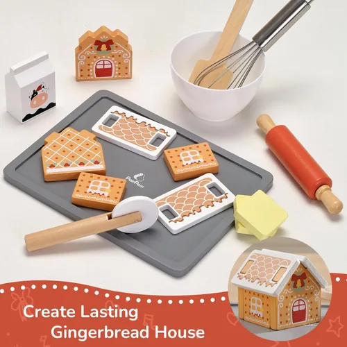 Vista 6 de PairPear Casa de Jengibre Juego de Hornear – Kit de Hornear Galletas de Navidad de Madera de 29 Piezas, Juguete 3D de Comida de Juego de Galletas