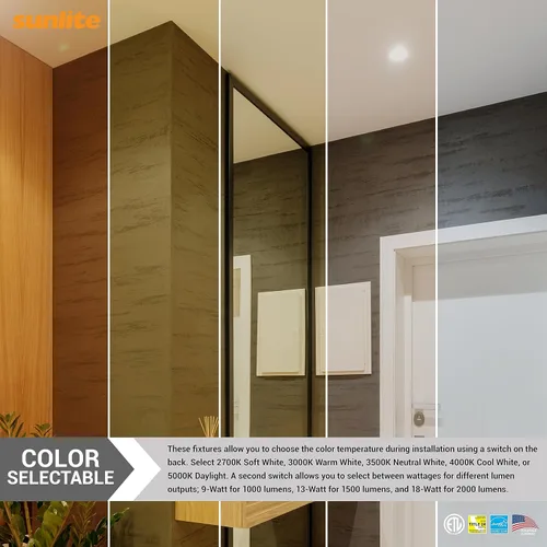 Vista 9 de Sunlite Lámpara empotrada redonda LED de 4 pulgadas, seleccionable de potencia 9 W/13 W/18 W, 2000 lúmenes, interruptor CCT 27K/30K/35K/40K/50K, 90