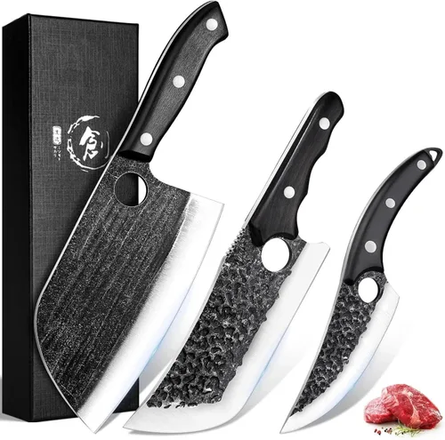 Vista 10 de Huusk - Cuchillo vikingo forjado a mano con vaina, cuchillos de carnicero japonés, cuchillo de chef cavernario para el hogar o campamento, regalos
