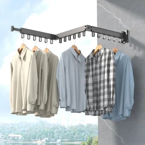 Vista 7 de Estante de Secado de Ropa, Tendedero de Ropa Retráctil y Plegable para Montaje en Pared para Interior, Estante de Colgar Ropa Ahorrador de Espacio