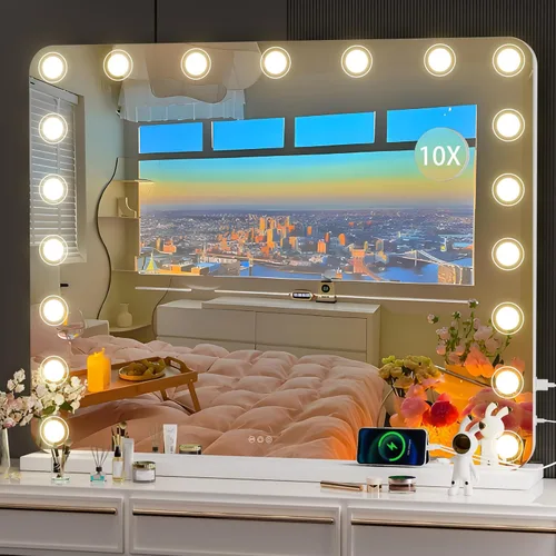 Vista 10 de Hasipu Espejo de tocador con luces, espejo de maquillaje de 32 x 24 pulgadas, espejo iluminado con 14 luces LED regulables y aumento de 10X, 3 modos