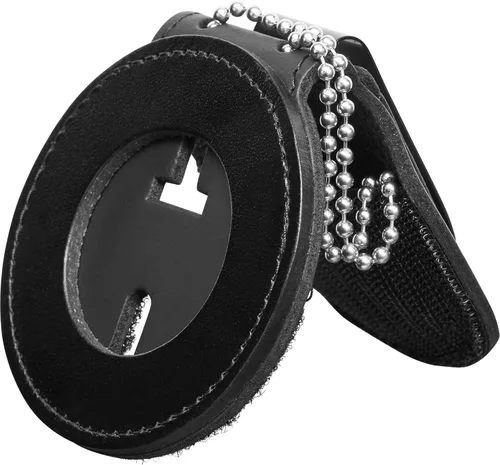 Vista 5 de Perfect Fit Shield Wallets Soporte para insignia de cinturón de Texas Ranger con cadena para el cuello y clip para cinturón de cuero negro