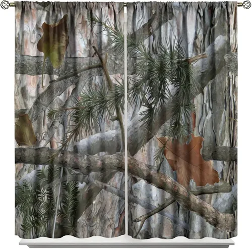 Vista 69 de Cortinas opacas de camuflaje de bosque, animales salvajes, osos, ciervos, alces, con bolsillo para barra, para sala de estar, dormitorio, decoración