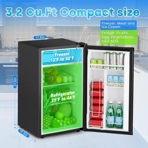 Vista 2 de Refrigerador compacto de 3.2 pies cúbicos con congelador, 7 ajustes de temperatura, refrigerador compacto de una sola puerta, termostato ajustable