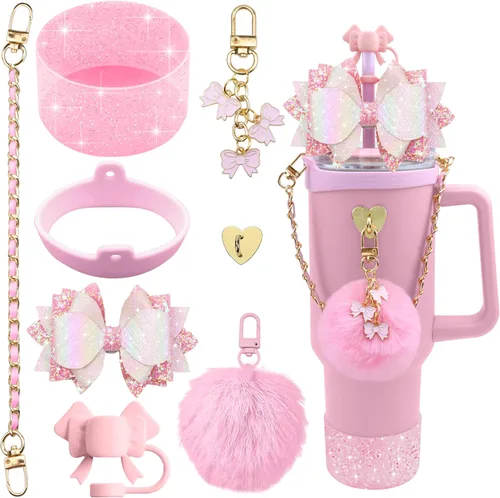 Accesorios brillantes para vaso Stanley Cup de 40 onzas y 30 onzas, incluye funda de silicona para popote con lazo, bota de silicona para taza