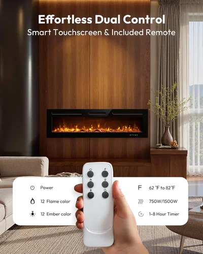 Vista 5 de EUHOMY Chimenea eléctrica de 60 pulgadas empotrada en la pared con control remoto, calentador de chimenea con color de llama ajustable, chimenea
