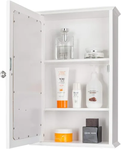 Vista 5 de Botiquín de baño con espejo blanco, armario de almacenamiento de pared con puerta de vidrio individual y estante ajustable