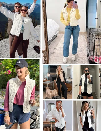 Vista 2 de Flygo Chaleco acolchado para mujer, ligero, sin mangas, cuello alto, con botones, acolchado con bolsillos