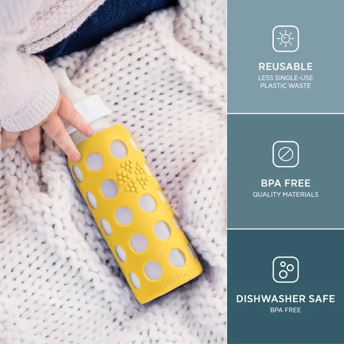 Vista 2 de Lifefactory Biberón de vidrio de 9 onzas con pezón de etapa 2 y funda protectora de silicona, mango