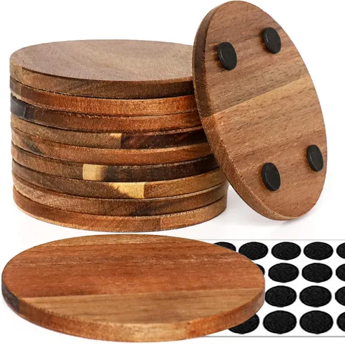 10 posavasos de madera sin terminar, posavasos redondos de madera de acacia de 4 pulgadas para manualidades con puntos de silicona antideslizantes