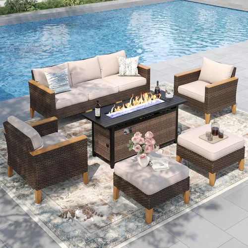 Vista 20 de PHI VILLA Otomana de mimbre para patio, 2 piezas, asiento otomano de mimbre para todo tipo de clima, reposapiés para exteriores con cojines