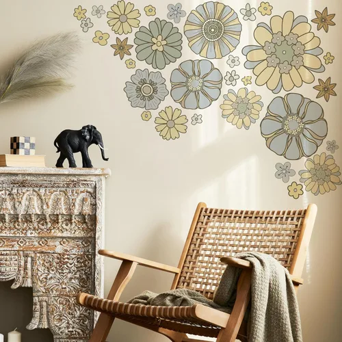 Vista 4 de Calcomanía de pared de flores retro bohemias, calcomanías de decoración floral retro, calcomanías de flores de estilo bohemio para dormitorio