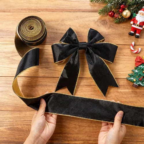 Vista 3 de Yungyan 3 rollos de cinta de terciopelo de Navidad de 30 yardas con borde dorado de 2.5 pulgadas de ancho, con alambre, cinta decorativa de tela