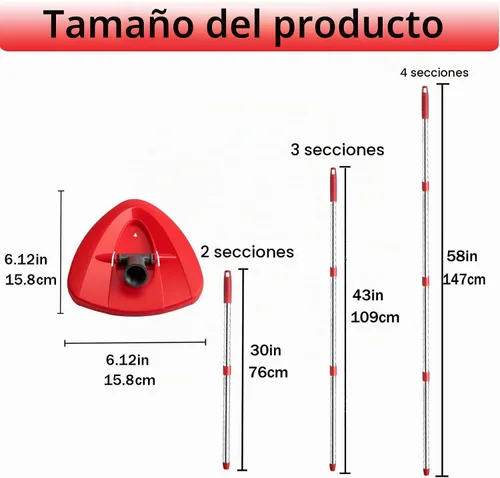 Vista 2 de Mango de repuesto para trapeador giratorio, barra de repuesto de trapeador de 4 secciones de 30 a 58 pulgadas y base compatible con mango de Rojo