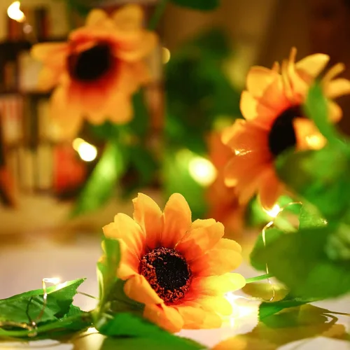 Vista 7 de Tira de luces de simulación de girasol, enredaderas colgantes, guirnalda de plantas, girasol artificial de seda, 100 luces LED para decoración