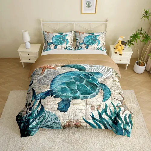 Vista 4 de MUSOLEI Juego de edredón con diseño de tortuga marina, juego de ropa de cama con temática de tortuga marina, colecciones de ropa de cama suave