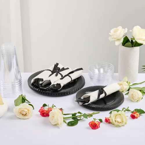 Vista 7 de Moderna - Juego de cubiertos de plástico negro con servilleta blanca, cinta negra, 7 1/4 x 2 x 1 3/4 pulgadas, caja de 100