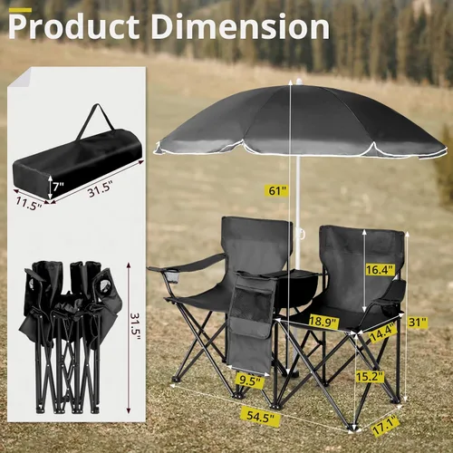 Vista 3 de Outvita Silla plegable doble para acampar con paraguas para bebidas, bolsa de transporte, mesa plegable, gran capacidad de carga para playa, patio