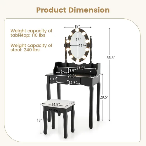 Vista 5 de CHARMAID Escritorio de maquillaje para niñas con luces, mesa de tocador con espejo iluminado, 3 modos de iluminación, brillo ajustable, mesa