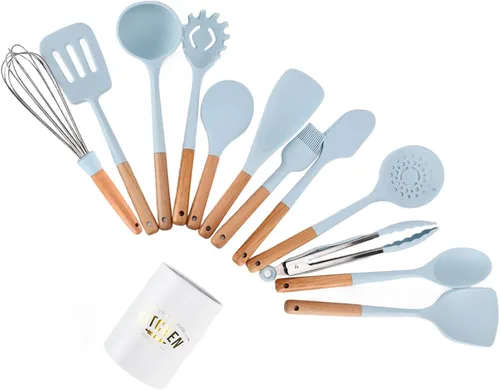 Vista 3 de 12PCS Silicone Kitchen Utensils Set, Cooking Tools with Wooden Handle, Heat Spatula Spoon Baking Gadgets for Non Stick Pans, Includes 12 for Modern