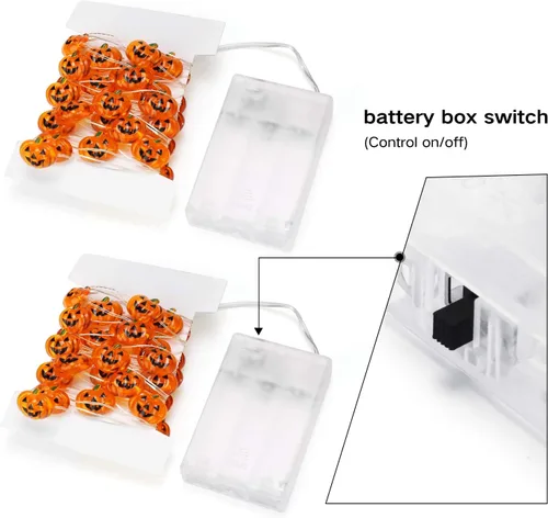 Vista 7 de Luces de calabaza de Halloween, 2 paquetes de 40 luces LED de calabaza de 13.5 pies, funciona con pilas, luces naranjas impermeables para interiores