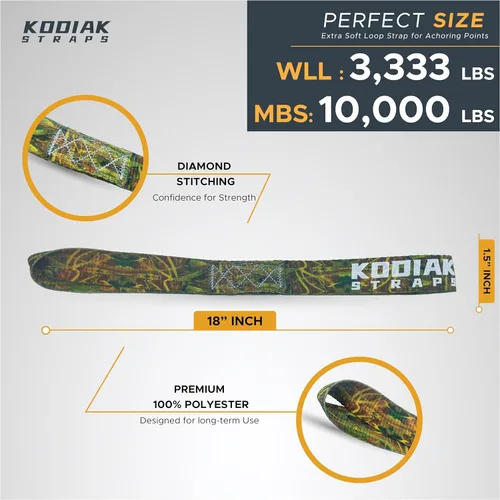 Vista 3 de Correas de amarre de bucle suave, 1.5 x 18 pulgadas, capacidad de carga de 10,000 libras, paquete de 6 bucles de camuflaje para asegurar ATV, UTV