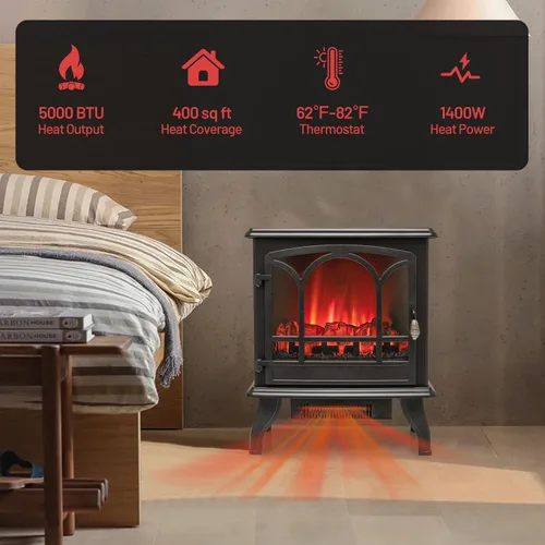Vista 6 de Tangkula Estufa eléctrica de 23 pulgadas, calentador de chimenea independiente con efecto de llama viva, vista panorámica de 3 lados, protección