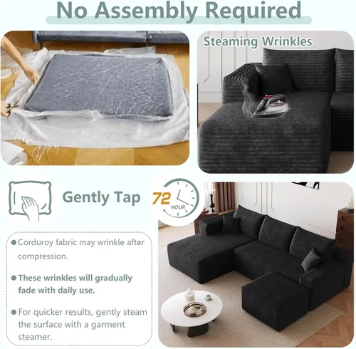 Vista 7 de Sofá modular de 95 pulgadas con otomana, moderno sofá nube de pana con asiento profundo, sofá sin hueso tapizado de 3 plazas en forma de U para sala