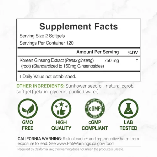 Vista 2 de Extracto de raíz de ginseng panax rojo coreano, 7,500 mg en porción, 240 cápsulas blandas - 150 mg de ginsenósidos activos