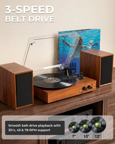 Vista 7 de Tocadiscos de vinilo vintage con altavoces estéreo externos, tocadiscos de 3 velocidades con entrada Bluetooth, grabación USB a PC, parada
