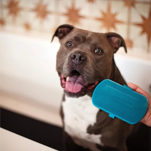 Vista 4 de Messy Mutts Cepillo reversible de silicona de doble cara para mascotas Masaje suave, cepillado, baño y herramienta de eliminación de pelo de perro