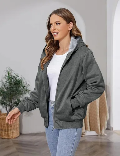 Vista 2 de PUWEI - Sudadera con capucha, con zíper y forro de felpa grueso, para mujer