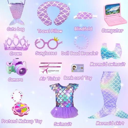 Vista 11 de Estuche de accesorios para muñeca de 18 pulgadas, juego de viaje con ropa, cámara, almohada de viaje, bolso, vestido, gafas, artículos para muñeca