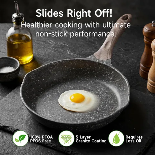 Vista 4 de JEETEE - Sartén antiadherente de 8 pulgadas, utensilios de cocina con revestimiento de piedra, sartén antiadherente para tortilla con mango Gris