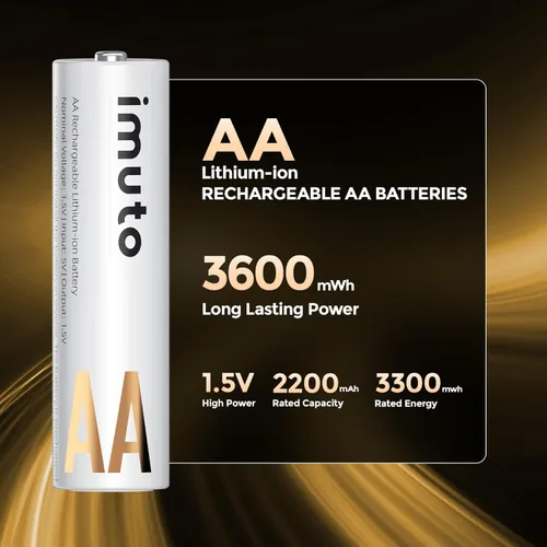 Vista 2 de imuto Baterías recargables AA, baterías de litio de 3600 mWh AA, paquete de 4, salida de 1.5 V 2 A, doble batería, vida útil de más de 1600 ciclos