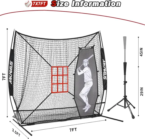 Vista 8 de Red de práctica de sóftbol de béisbol de 7 x 7 pies, red de lanzamiento, red de bateo, con sistema de recolección de pelotas grandes, kit