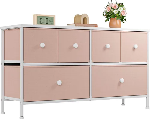 EnHomee Cómoda rosa para dormitorio con 6 cajones, cómoda ancha y cómoda, unidad organizadora con cómoda de tela, soporte de TV para dormitorio,