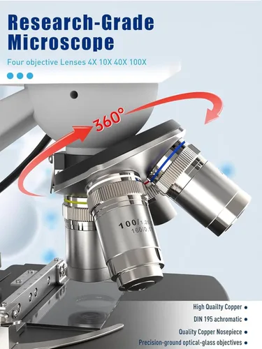 Vista 4 de Microscopio compuesto trinocular de laboratorio con aumento 40X-2500X, microscopio de doble visión para adultos, niños y estudiantes con pantalla