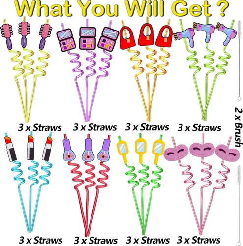 Vista 2 de 24 pajitas de maquillaje con temática de maquillaje, pajitas de plástico reutilizables, suministros de fiesta de cumpleaños, decoraciones de fiesta