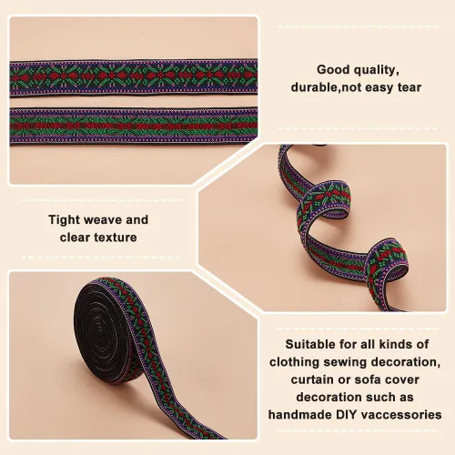 Vista 4 de BENECREAT Cinta elástica de jacquard tejida de 5 yardas, patrón floral bohemio jacquard banda elástica de 1 pulgada cinta étnica de costura bordada